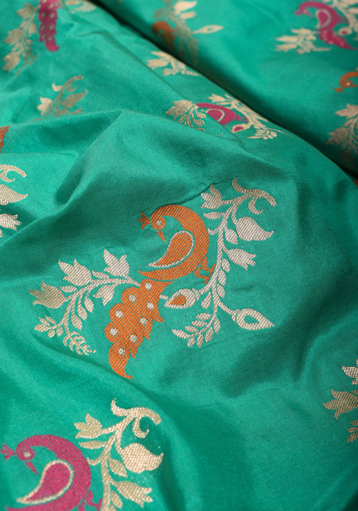 Teal Banarasi Katan silk saree with Meenakari Peacock Motifs and Paithani style borders  | SILK MARK CERTIFIED