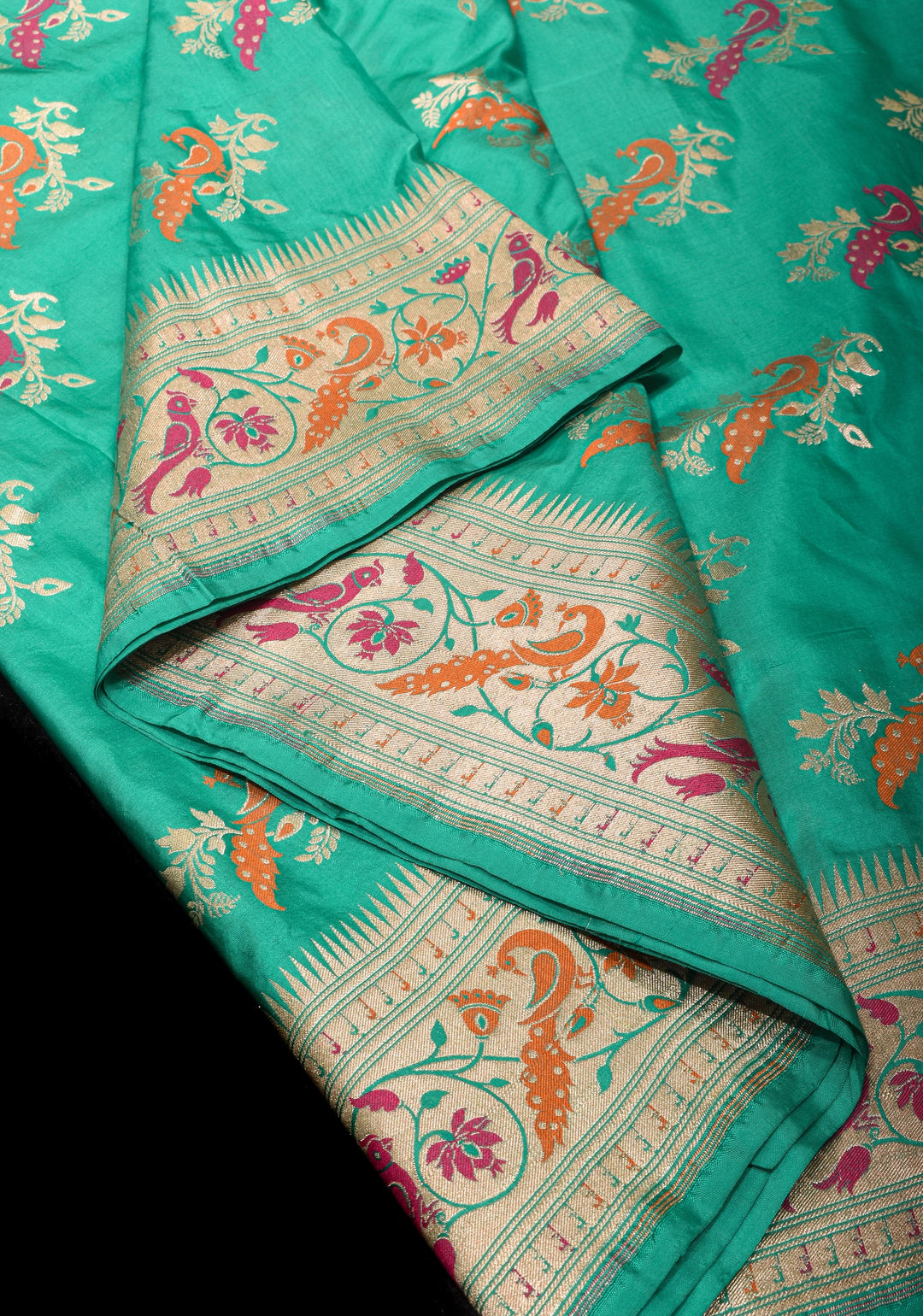 Teal Banarasi Katan silk saree with Meenakari Peacock Motifs and Paithani style borders  | SILK MARK CERTIFIED