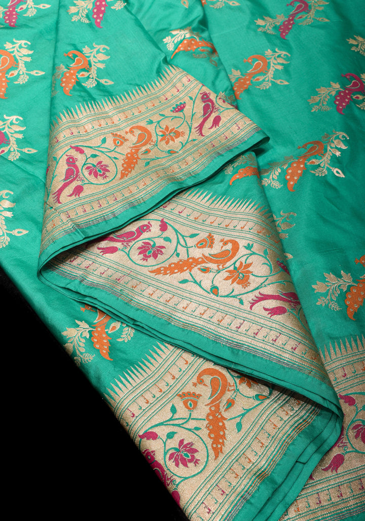 Teal Banarasi Katan silk saree with Meenakari Peacock Motifs and Paithani style borders  | SILK MARK CERTIFIED