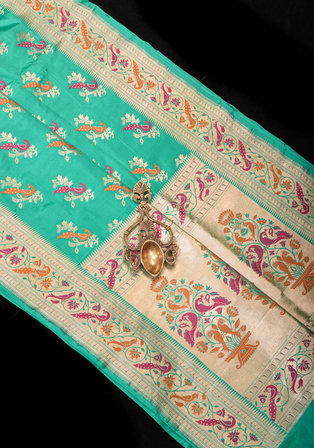 Teal Banarasi Katan silk saree with Meenakari Peacock Motifs and Paithani style borders  | SILK MARK CERTIFIED