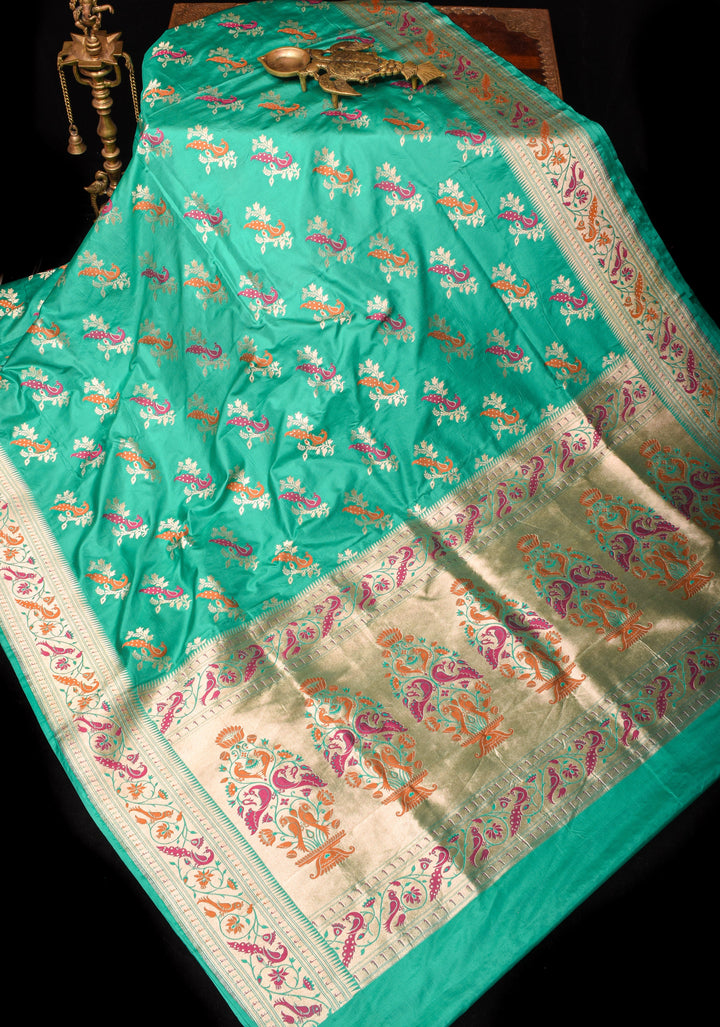 Teal Banarasi Katan silk saree with Meenakari Peacock Motifs and Paithani style borders  | SILK MARK CERTIFIED