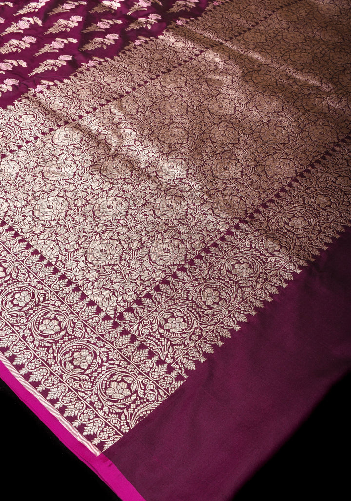 Stunning Plum Purple Exquisite Banarasi Katan Silk Saree with Meenakari Floral Motifs and Zari Border | SILK MARK CERTIFIED