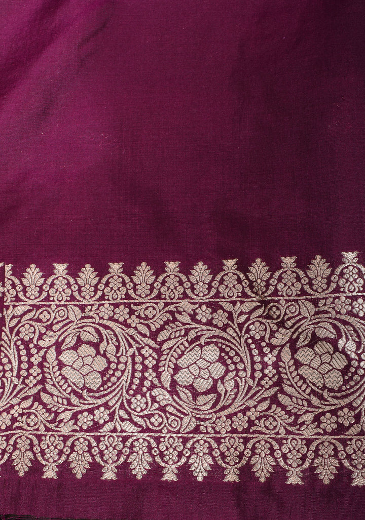 Stunning Plum Purple Exquisite Banarasi Katan Silk Saree with Meenakari Floral Motifs and Zari Border | SILK MARK CERTIFIED