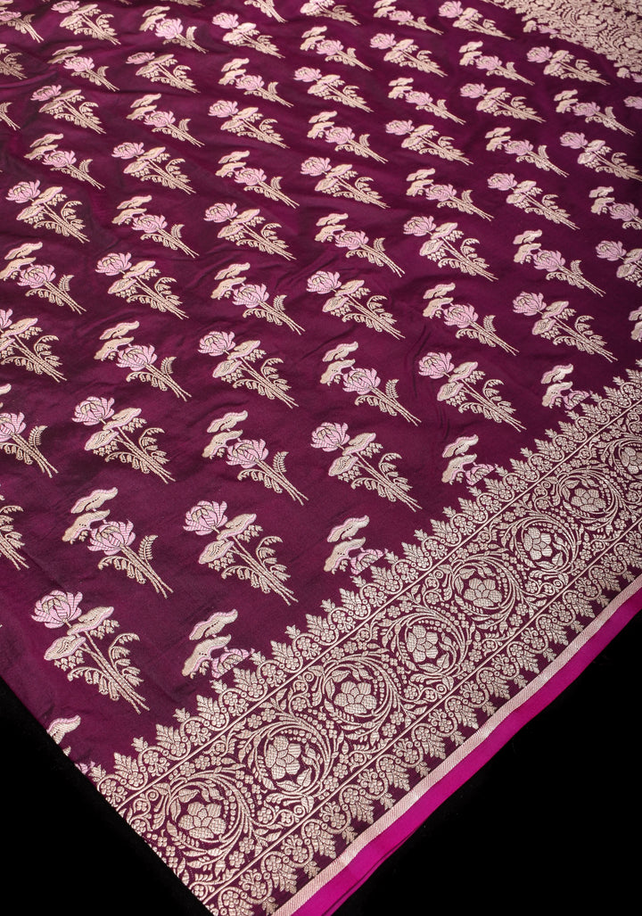 Stunning Plum Purple Exquisite Banarasi Katan Silk Saree with Meenakari Floral Motifs and Zari Border | SILK MARK CERTIFIED