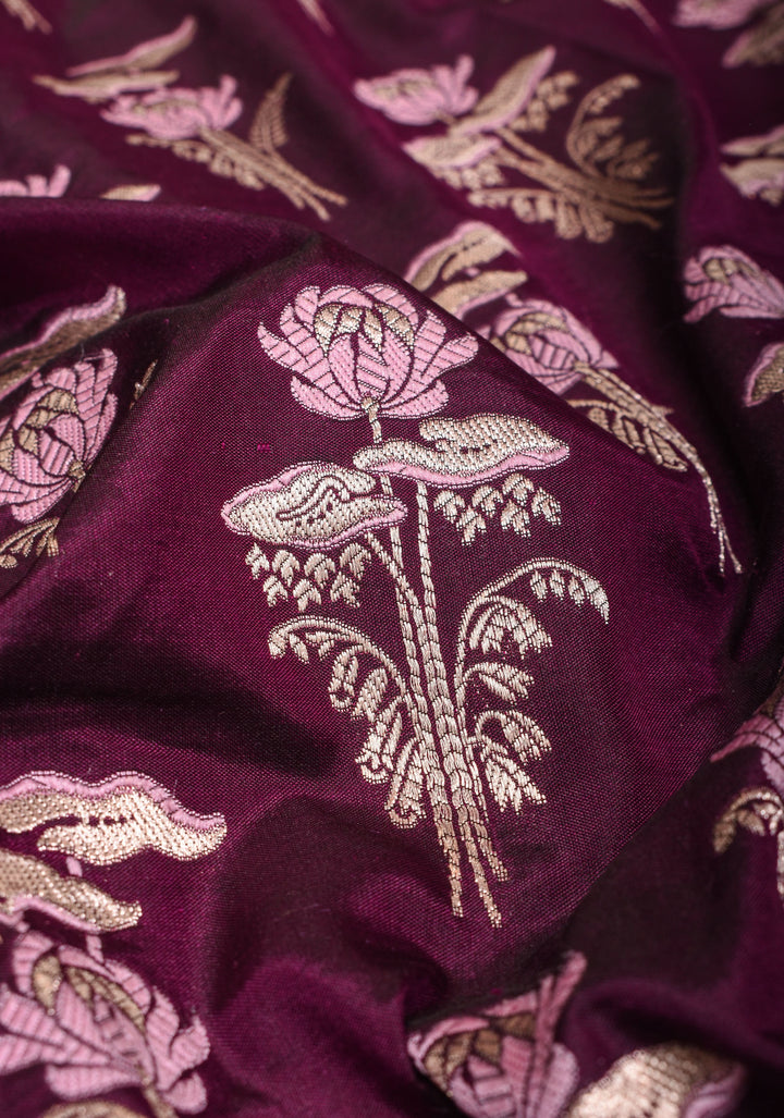 Stunning Plum Purple Exquisite Banarasi Katan Silk Saree with Meenakari Floral Motifs and Zari Border | SILK MARK CERTIFIED