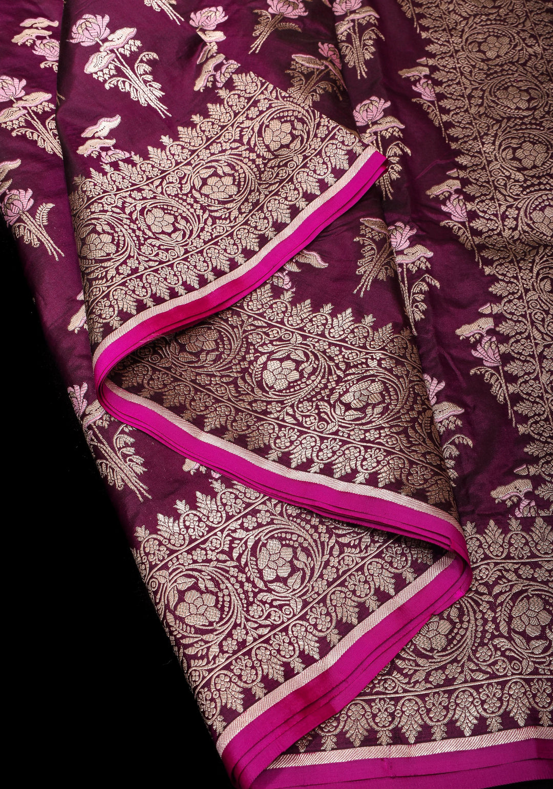Stunning Plum Purple Exquisite Banarasi Katan Silk Saree with Meenakari Floral Motifs and Zari Border | SILK MARK CERTIFIED