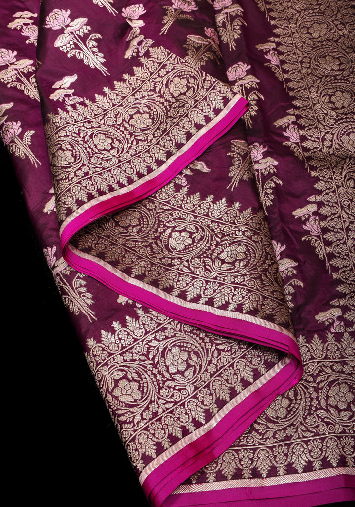 Stunning Plum Purple Exquisite Banarasi Katan Silk Saree with Meenakari Floral Motifs and Zari Border | SILK MARK CERTIFIED