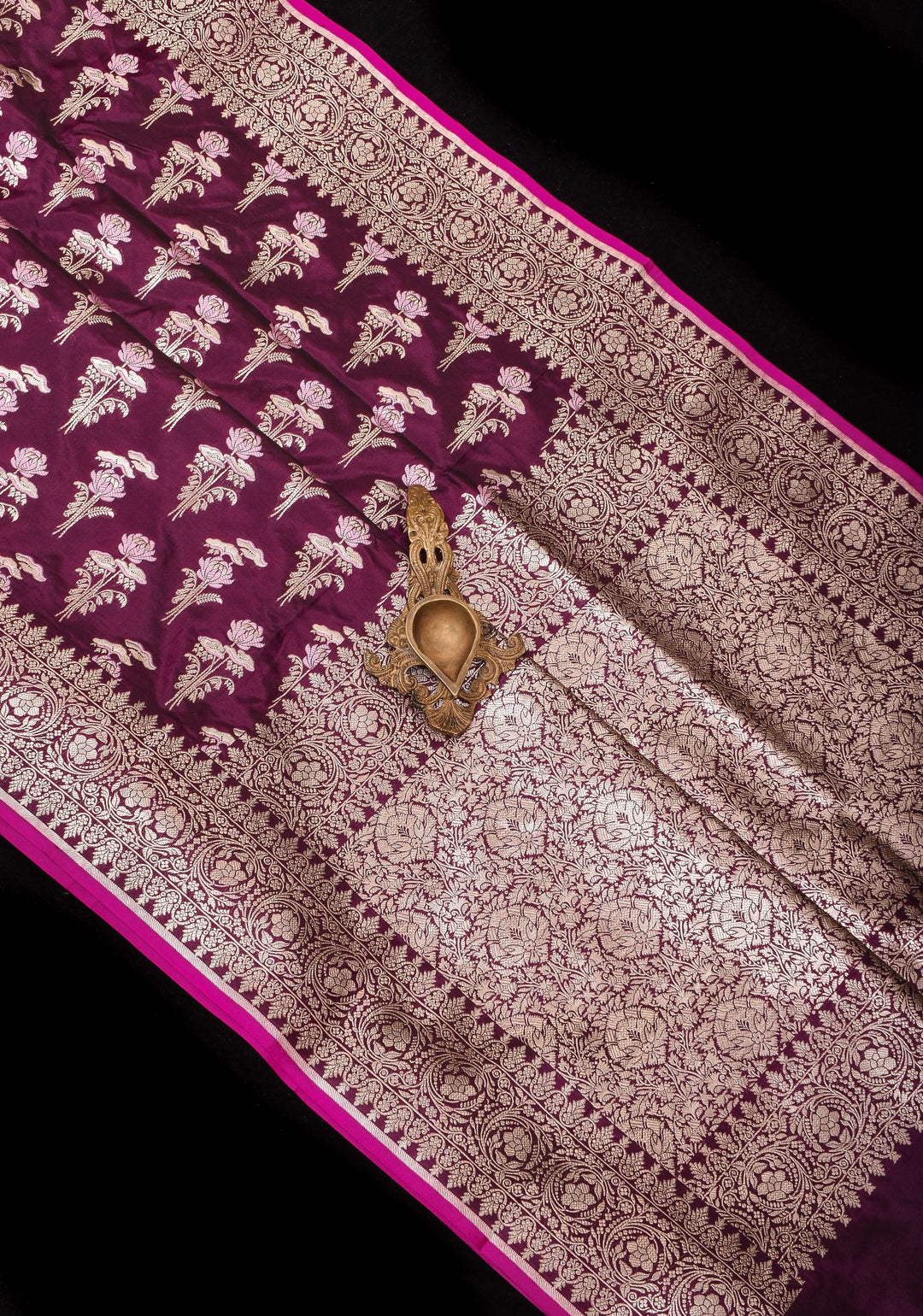 Stunning Plum Purple Exquisite Banarasi Katan Silk Saree with Meenakari Floral Motifs and Zari Border | SILK MARK CERTIFIED
