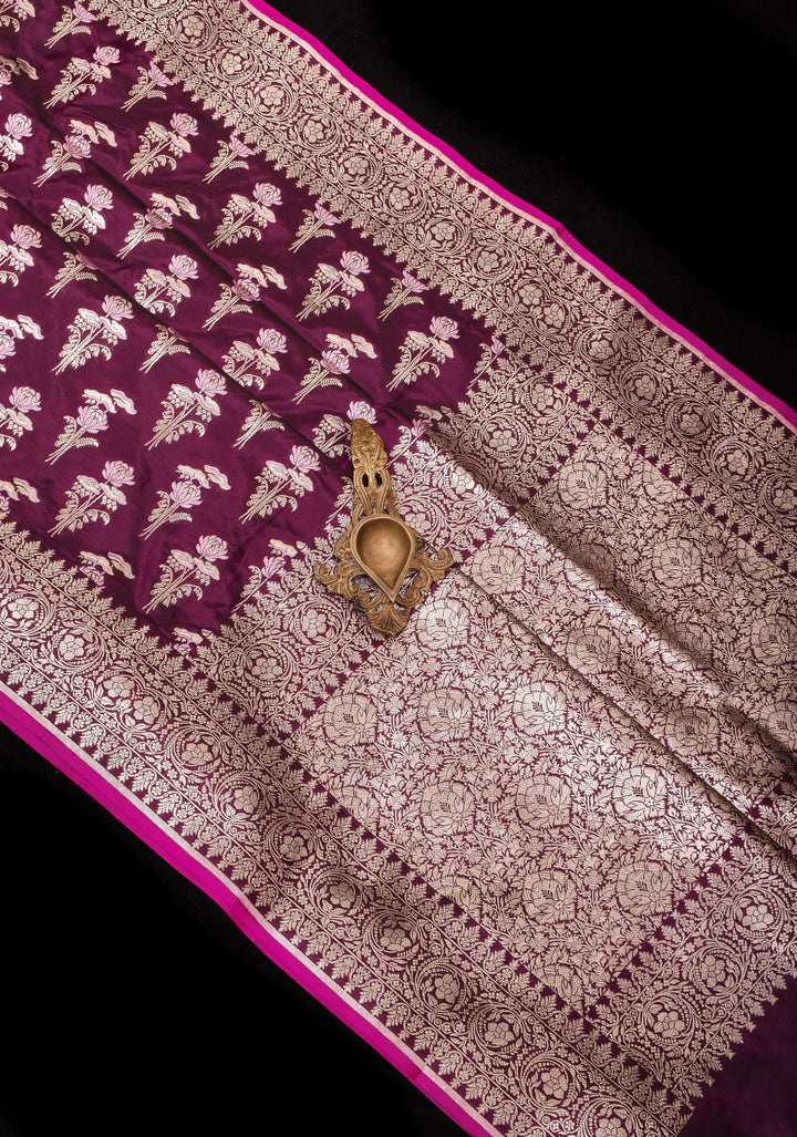 Stunning Plum Purple Exquisite Banarasi Katan Silk Saree with Meenakari Floral Motifs and Zari Border | SILK MARK CERTIFIED