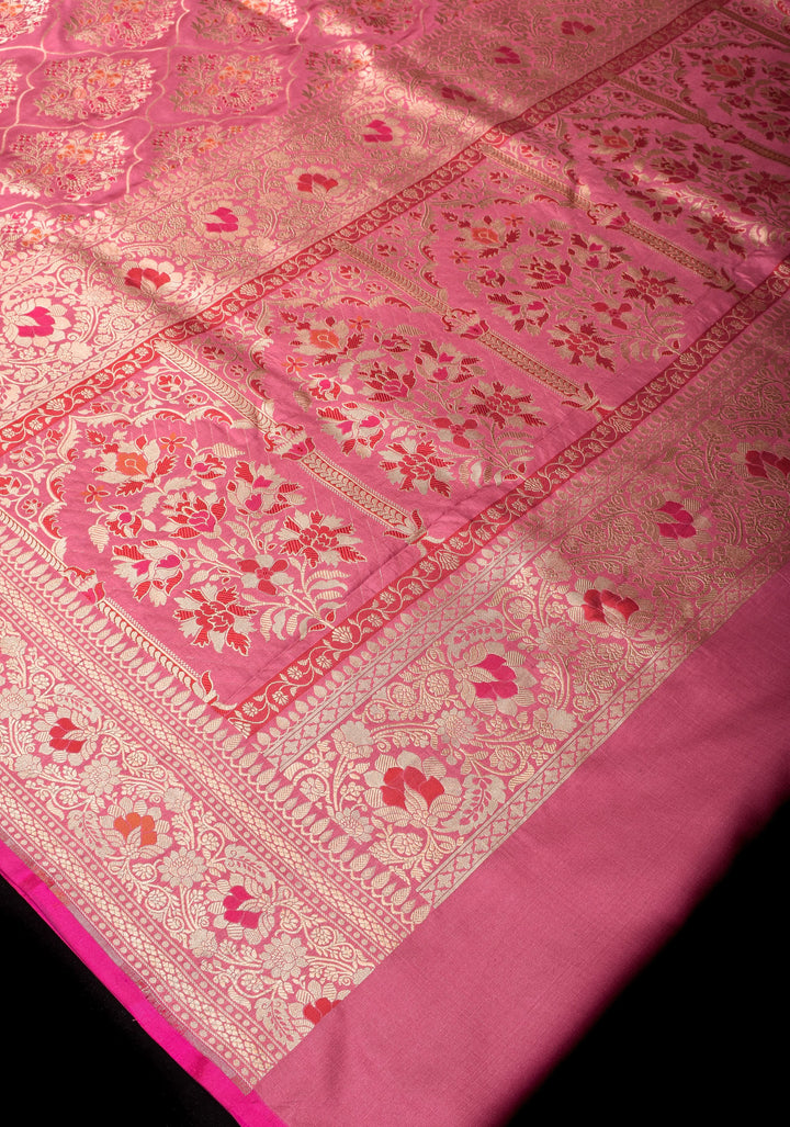 Pink Coral Exquisite Banarasi Katan SIlk Saree with Meenakari Persian Trellis Jaal and Fancy Meena Pallu | SILK MARK CERTIFIED