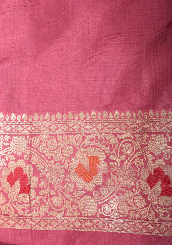 Pink Coral Exquisite Banarasi Katan SIlk Saree with Meenakari Persian Trellis Jaal and Fancy Meena Pallu | SILK MARK CERTIFIED