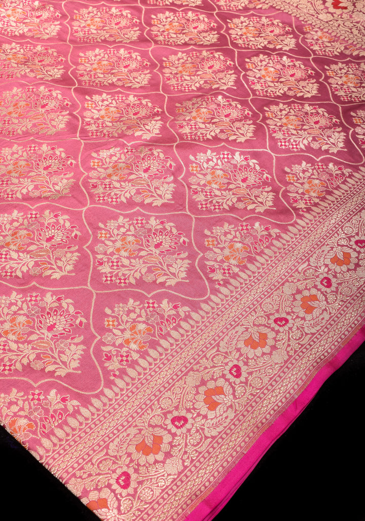 Pink Coral Exquisite Banarasi Katan SIlk Saree with Meenakari Persian Trellis Jaal and Fancy Meena Pallu | SILK MARK CERTIFIED