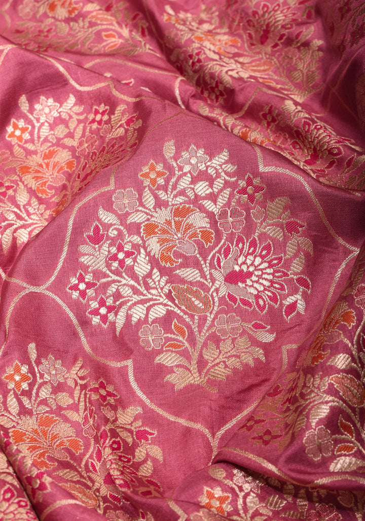 Pink Coral Exquisite Banarasi Katan SIlk Saree with Meenakari Persian Trellis Jaal and Fancy Meena Pallu | SILK MARK CERTIFIED