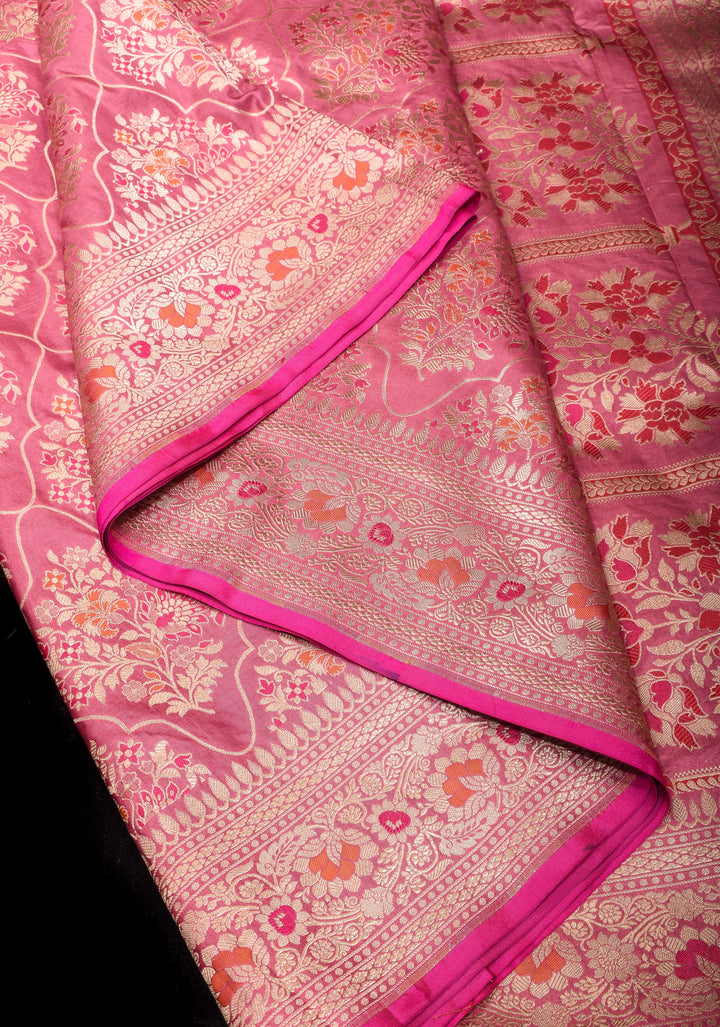 Pink Coral Exquisite Banarasi Katan SIlk Saree with Meenakari Persian Trellis Jaal and Fancy Meena Pallu | SILK MARK CERTIFIED