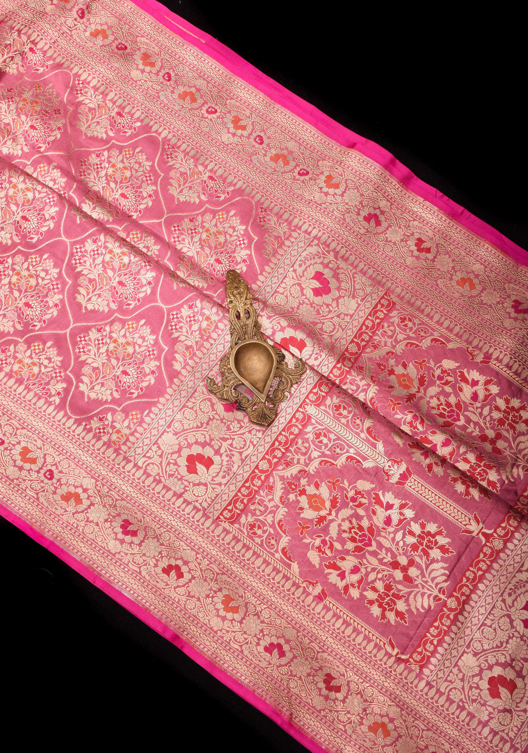Pink Coral Exquisite Banarasi Katan SIlk Saree with Meenakari Persian Trellis Jaal and Fancy Meena Pallu | SILK MARK CERTIFIED