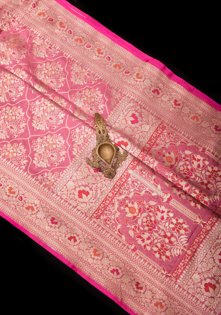 Pink Coral Exquisite Banarasi Katan SIlk Saree with Meenakari Persian Trellis Jaal and Fancy Meena Pallu | SILK MARK CERTIFIED