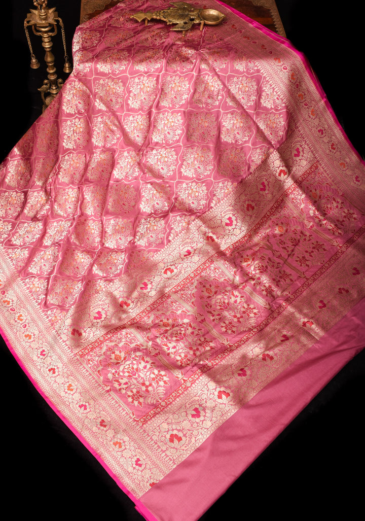 Pink Coral Exquisite Banarasi Katan SIlk Saree with Meenakari Persian Trellis Jaal and Fancy Meena Pallu | SILK MARK CERTIFIED