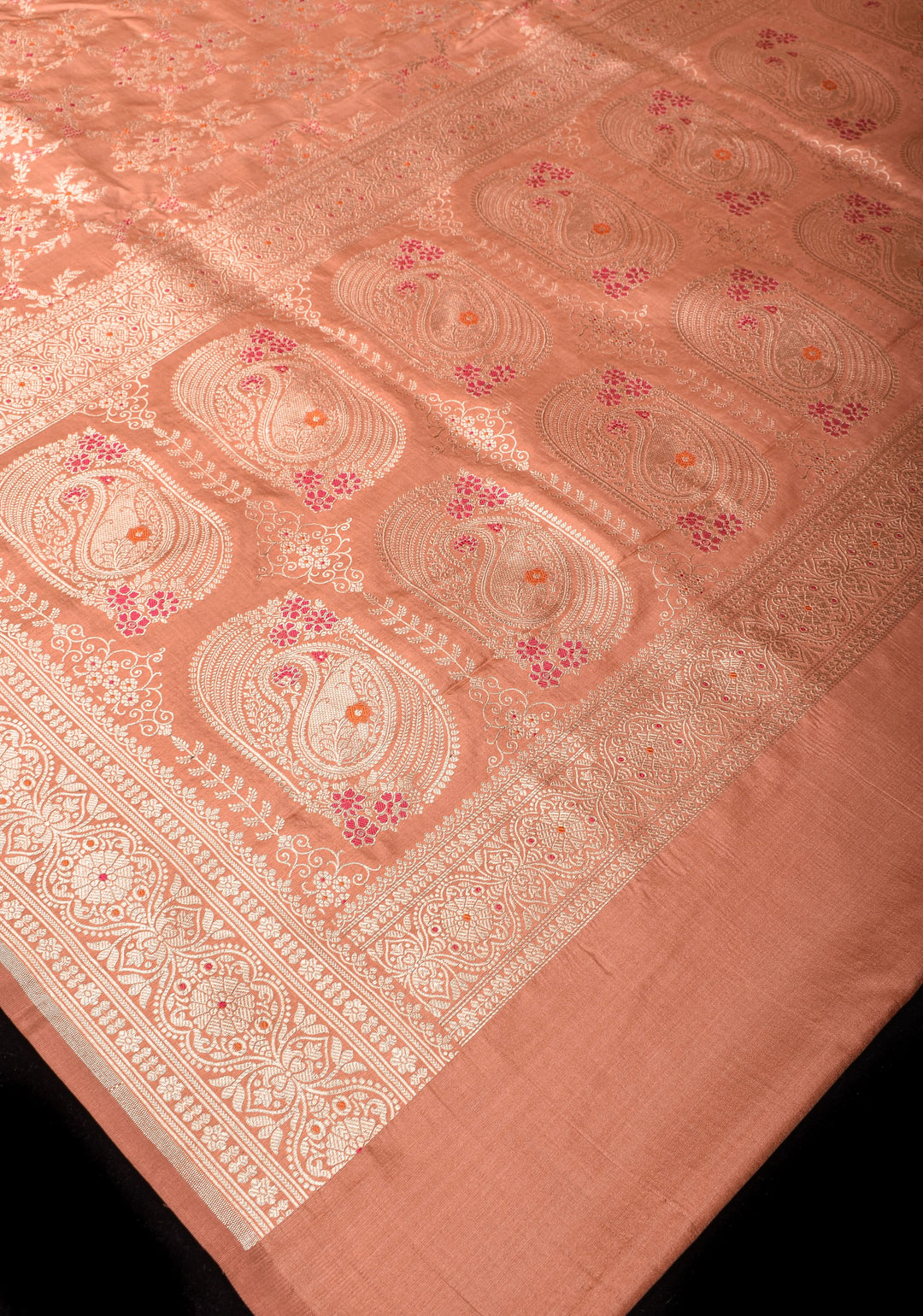 Coral Peach Exquisite Banarasi Meenakari Jaal Katan Silk Saree | SILK MARK CERTIFIED