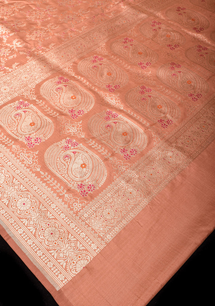 Coral Peach Exquisite Banarasi Meenakari Jaal Katan Silk Saree | SILK MARK CERTIFIED