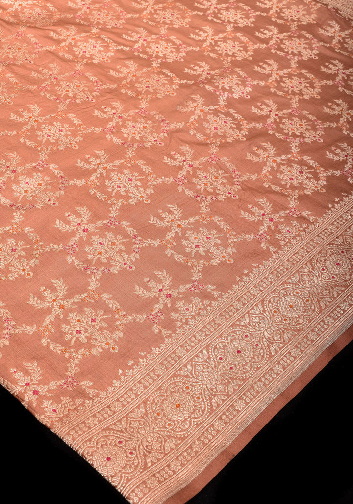 Coral Peach Exquisite Banarasi Meenakari Jaal Katan Silk Saree | SILK MARK CERTIFIED