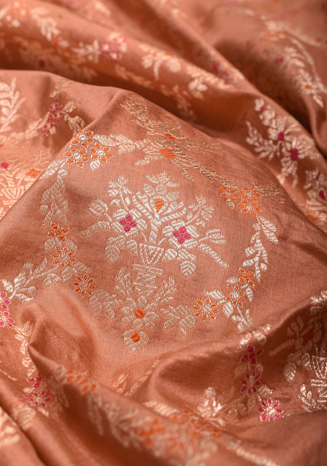 Coral Peach Exquisite Banarasi Meenakari Jaal Katan Silk Saree | SILK MARK CERTIFIED
