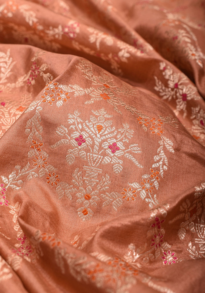 Coral Peach Exquisite Banarasi Meenakari Jaal Katan Silk Saree | SILK MARK CERTIFIED