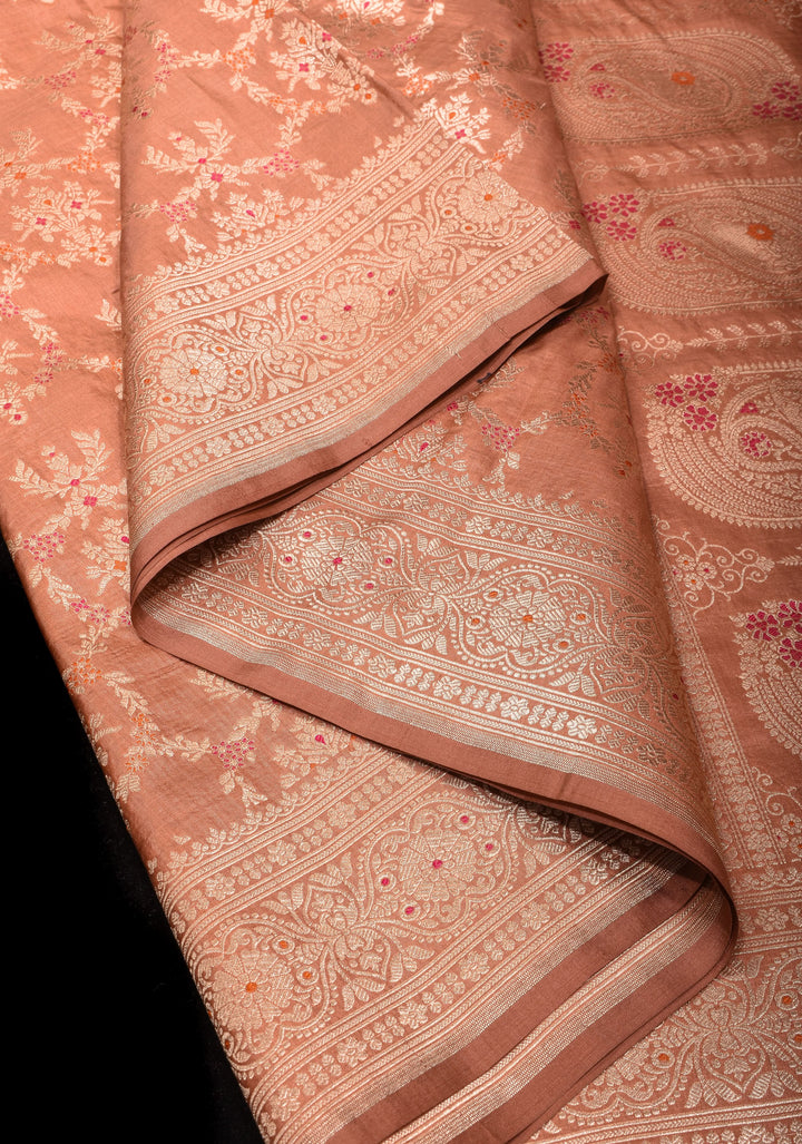 Coral Peach Exquisite Banarasi Meenakari Jaal Katan Silk Saree | SILK MARK CERTIFIED