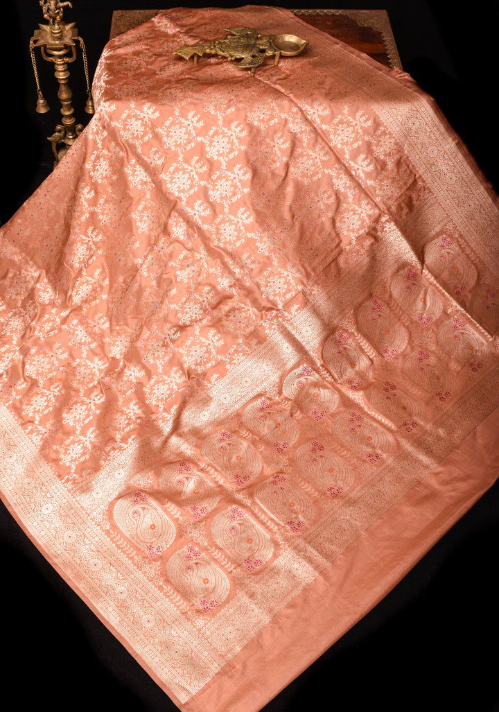 Coral Peach Exquisite Banarasi Meenakari Jaal Katan Silk Saree | SILK MARK CERTIFIED