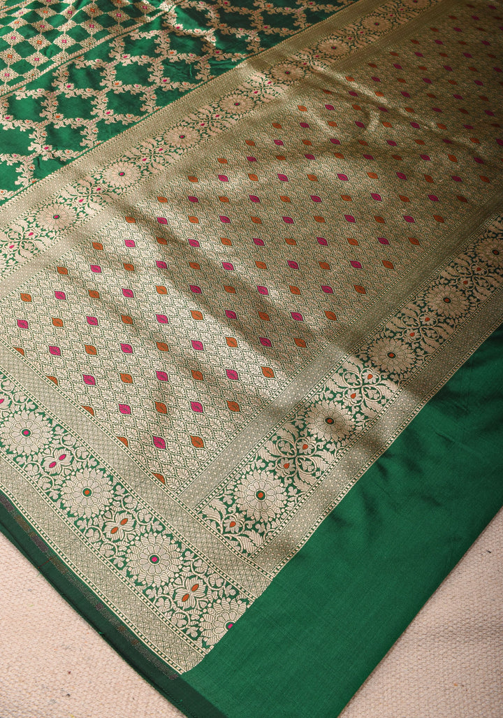 Green Pure Katan Silk saree with Trendy Meenakari design and Zari borders | SILK MARK CERTIFIED