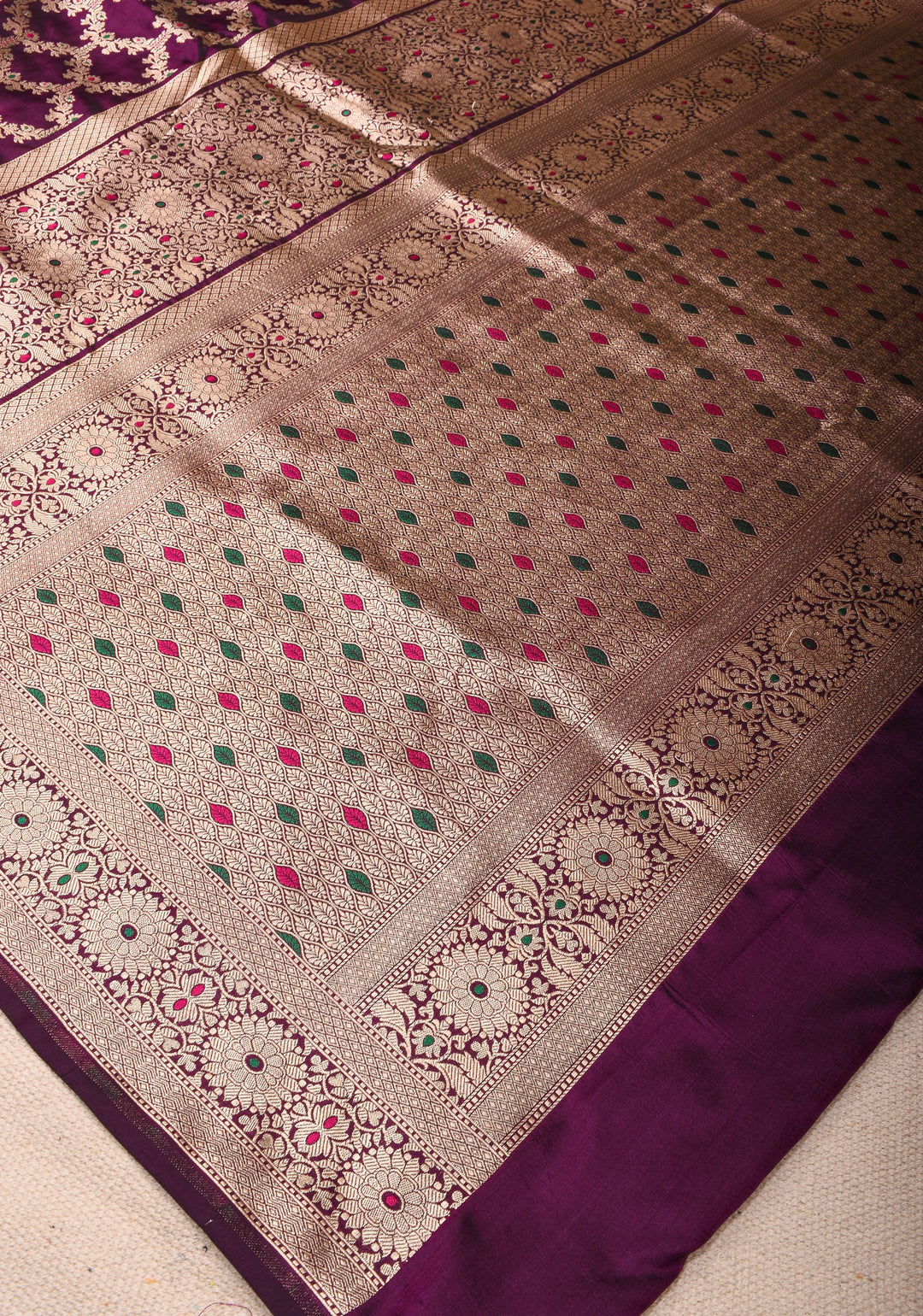 Grape Purple Pure Katan Silk saree with Trendy Jharokha Meenakari design and Zari borders | SILK MARK CERTIFIED