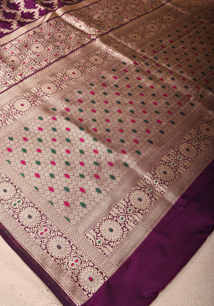 Grape Purple Pure Katan Silk saree with Trendy Jharokha Meenakari design and Zari borders | SILK MARK CERTIFIED