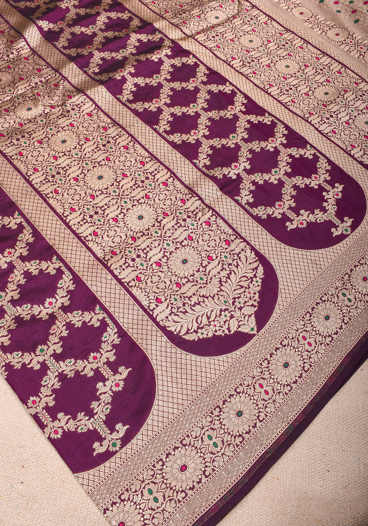 Grape Purple Pure Katan Silk saree with Trendy Jharokha Meenakari design and Zari borders | SILK MARK CERTIFIED