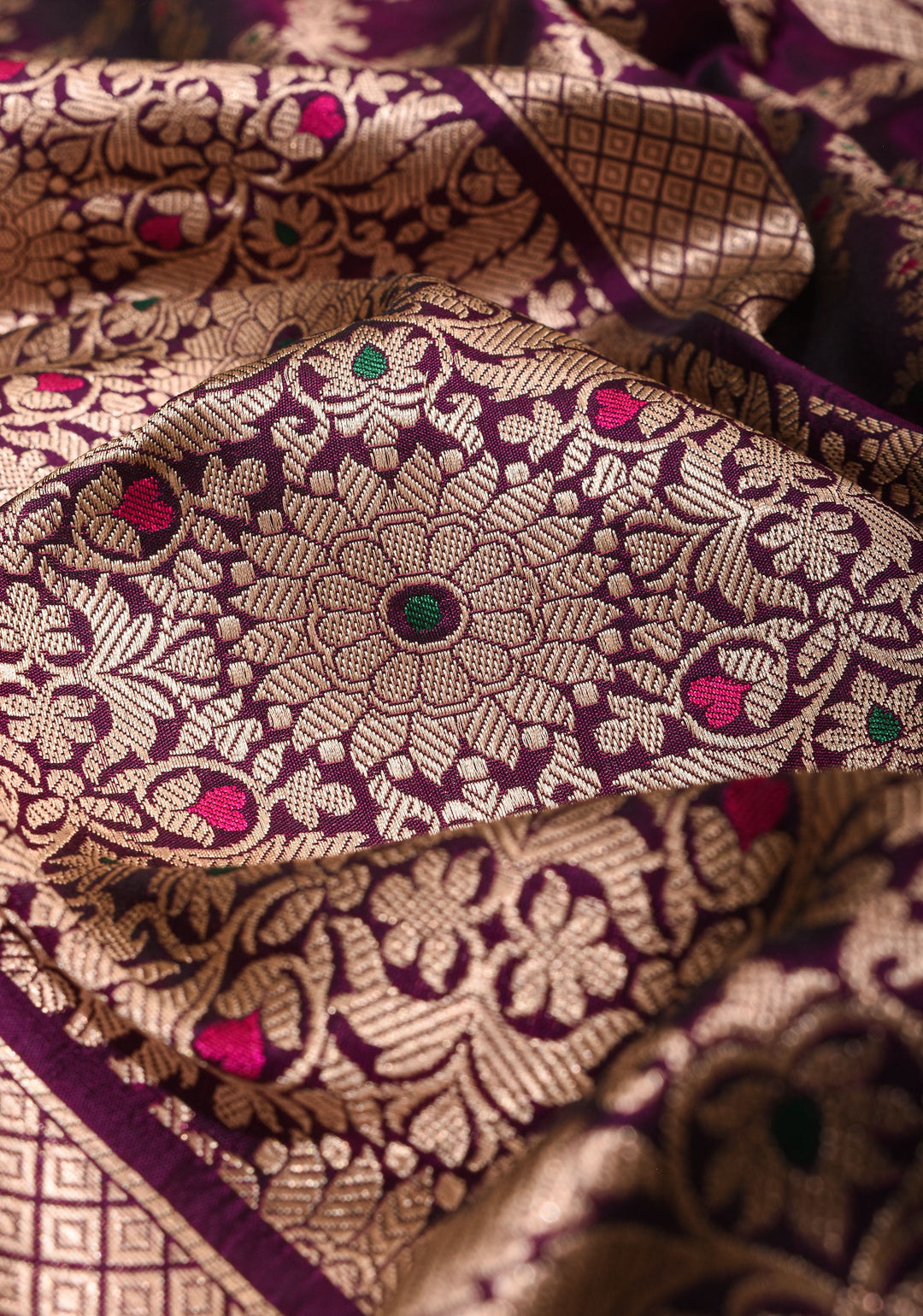 Grape Purple Pure Katan Silk saree with Trendy Jharokha Meenakari design and Zari borders | SILK MARK CERTIFIED