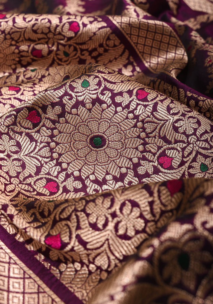 Grape Purple Pure Katan Silk saree with Trendy Jharokha Meenakari design and Zari borders | SILK MARK CERTIFIED
