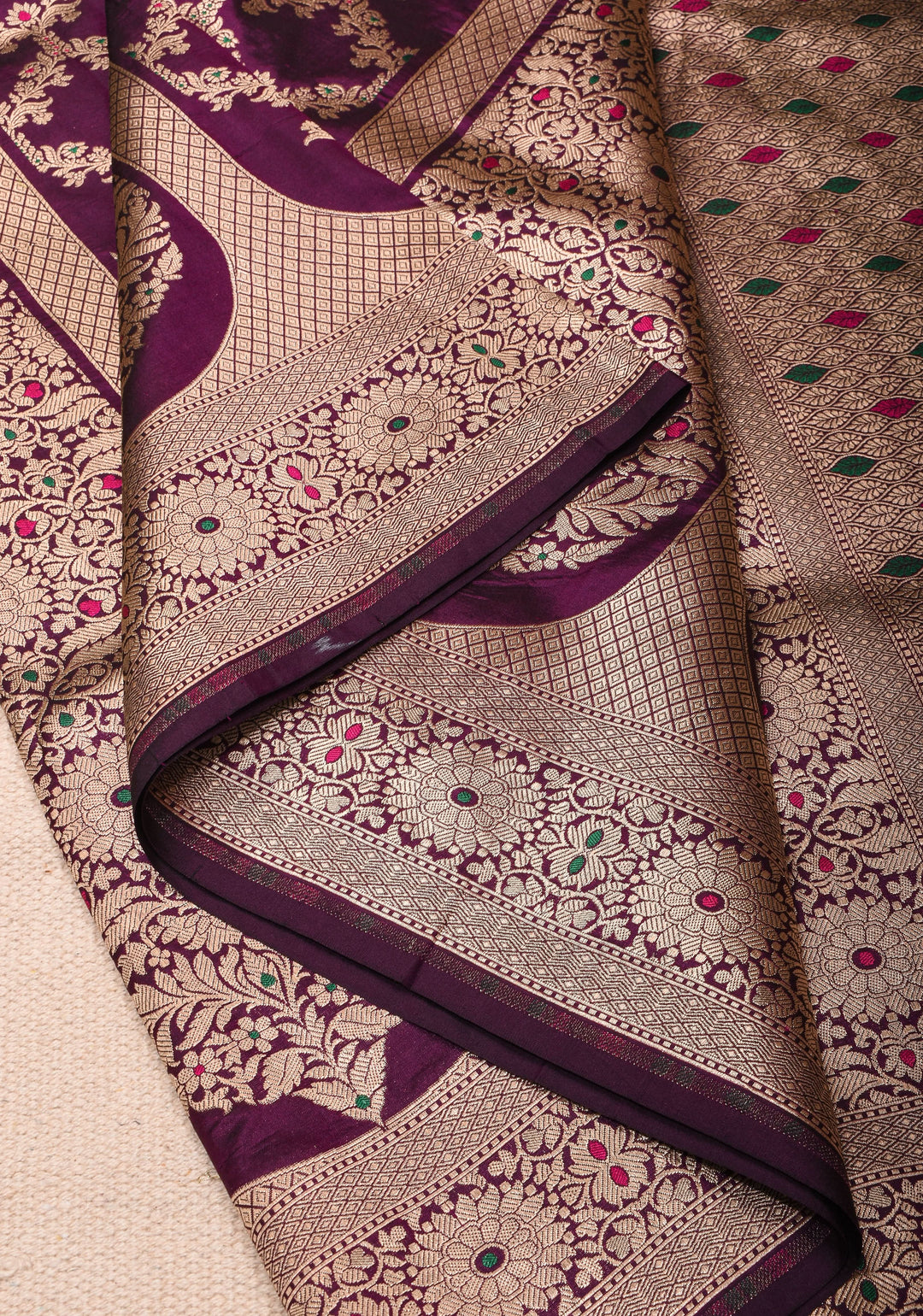 Grape Purple Pure Katan Silk saree with Trendy Jharokha Meenakari design and Zari borders | SILK MARK CERTIFIED