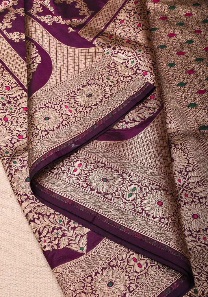 Grape Purple Pure Katan Silk saree with Trendy Jharokha Meenakari design and Zari borders | SILK MARK CERTIFIED