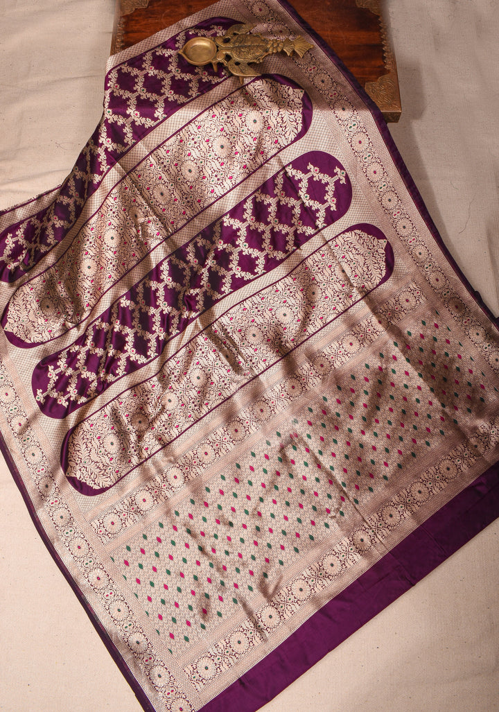 Grape Purple Pure Katan Silk saree with Trendy Jharokha Meenakari design and Zari borders | SILK MARK CERTIFIED