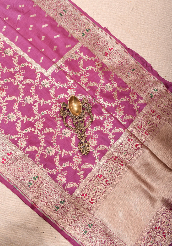 Magenta Banarasi Katan Silk Saree with Zari Butti with Meenakari jaal panel and zari Border | SILK MARK CERTIFIED