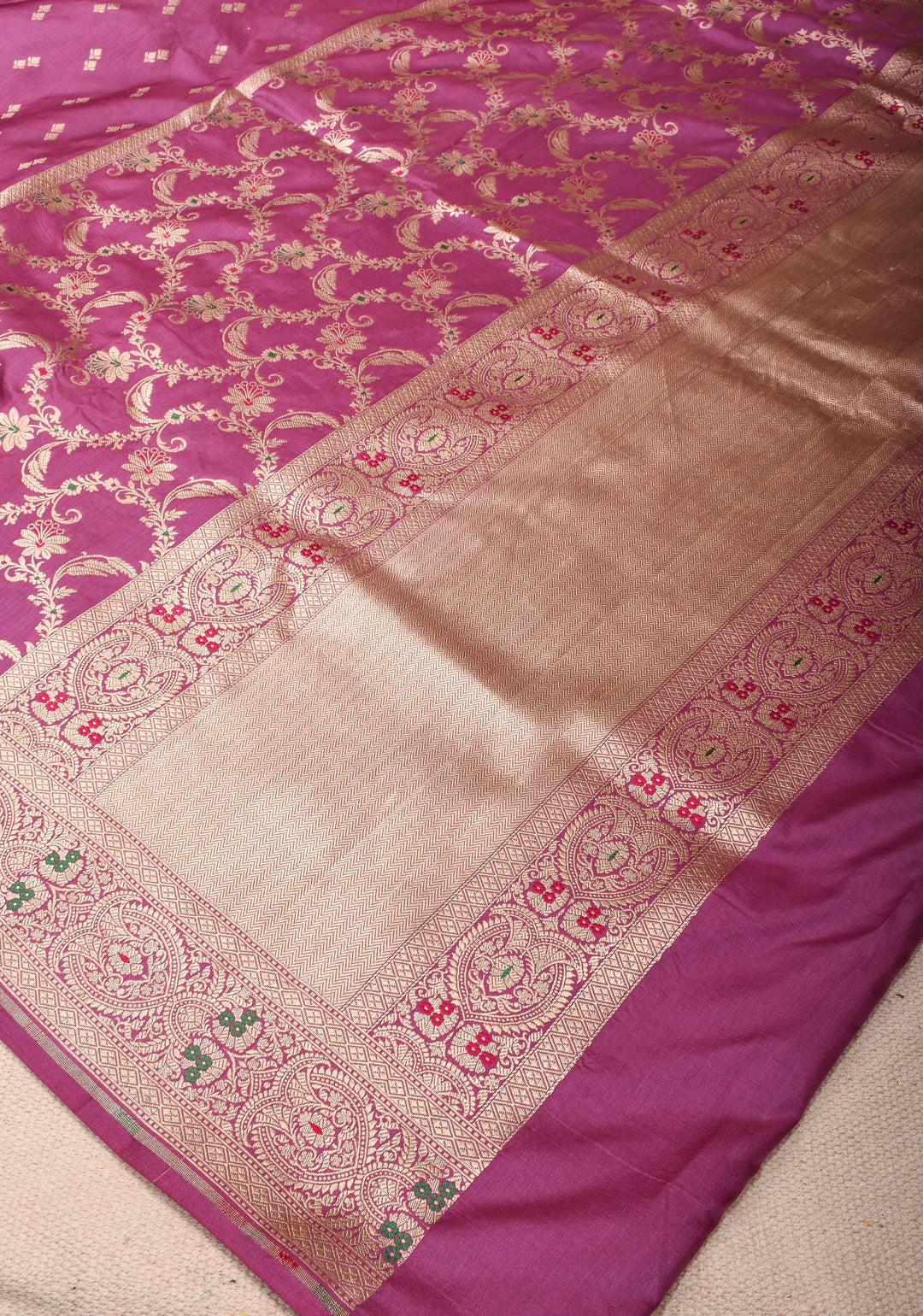 Magenta Banarasi Katan Silk Saree with Zari Butti with Meenakari jaal panel and zari Border | SILK MARK CERTIFIED