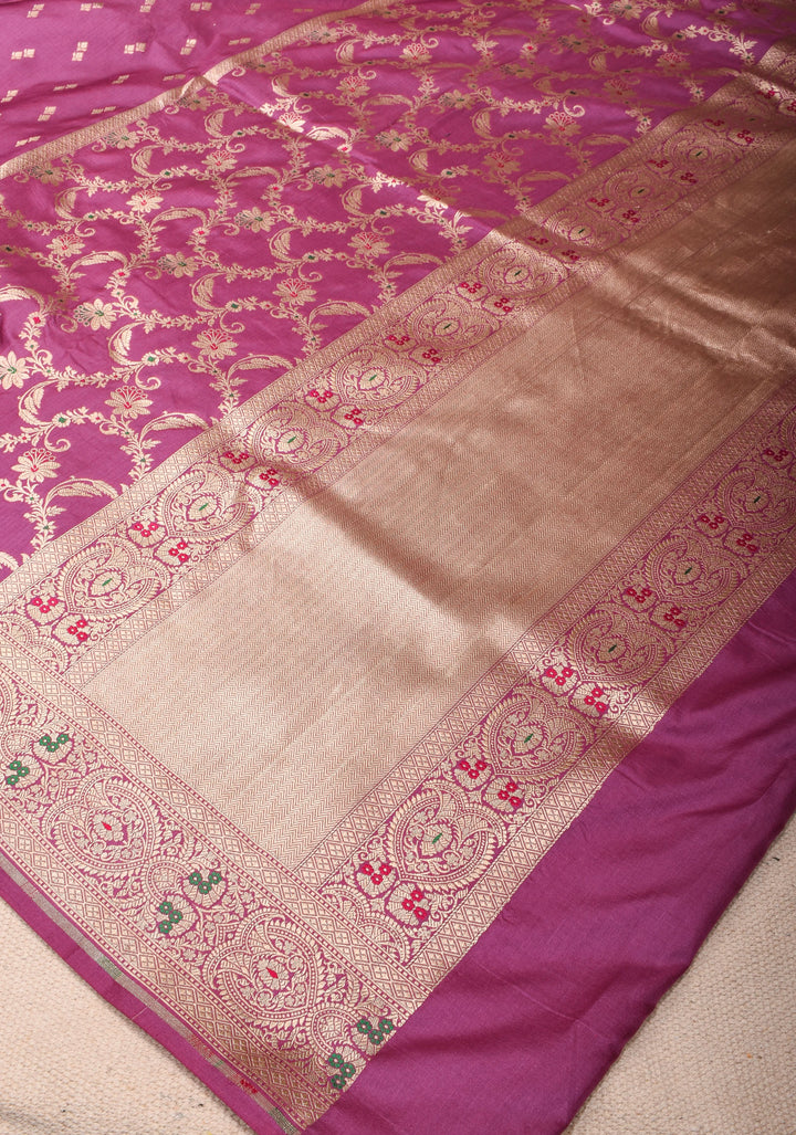 Magenta Banarasi Katan Silk Saree with Zari Butti with Meenakari jaal panel and zari Border | SILK MARK CERTIFIED