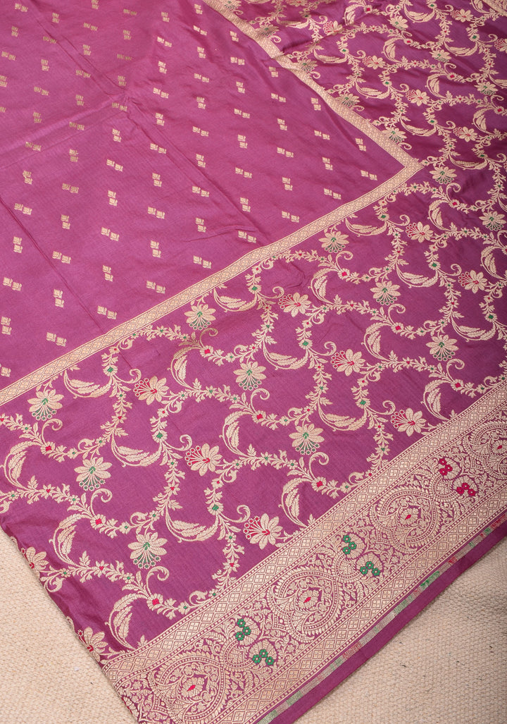 Magenta Banarasi Katan Silk Saree with Zari Butti with Meenakari jaal panel and zari Border | SILK MARK CERTIFIED