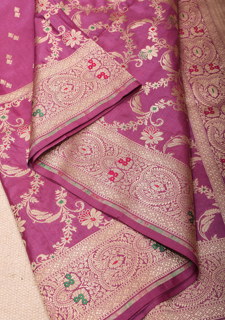Magenta Banarasi Katan Silk Saree with Zari Butti with Meenakari jaal panel and zari Border | SILK MARK CERTIFIED