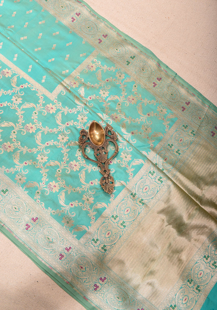 Turquoise Banarasi Katan Silk Saree with Zari Butti with Meenakeri jaal skirt border | SILK MARK CERTIFIED
