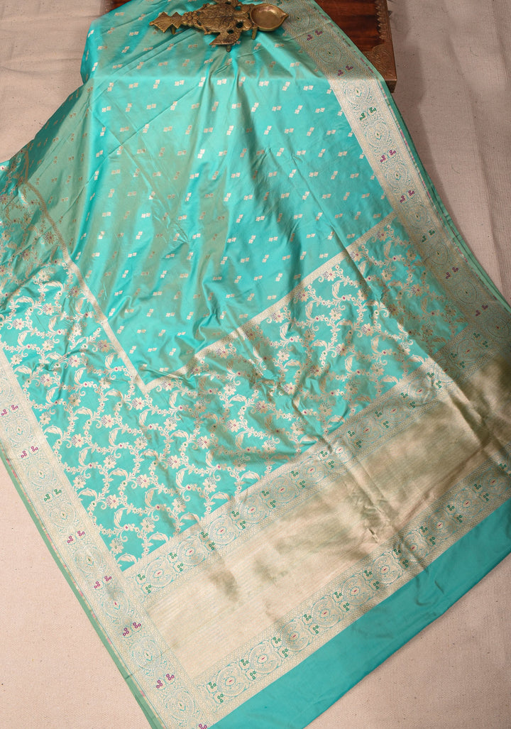 Turquoise Banarasi Katan Silk Saree with Zari Butti with Meenakeri jaal skirt border | SILK MARK CERTIFIED