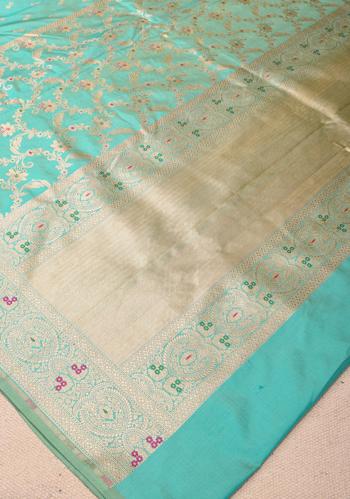 Turquoise Banarasi Katan Silk Saree with Zari Butti with Meenakeri jaal skirt border | SILK MARK CERTIFIED