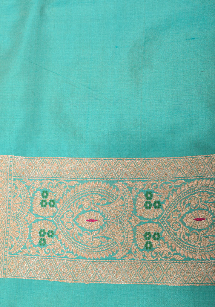 Turquoise Banarasi Katan Silk Saree with Zari Butti with Meenakeri jaal skirt border | SILK MARK CERTIFIED