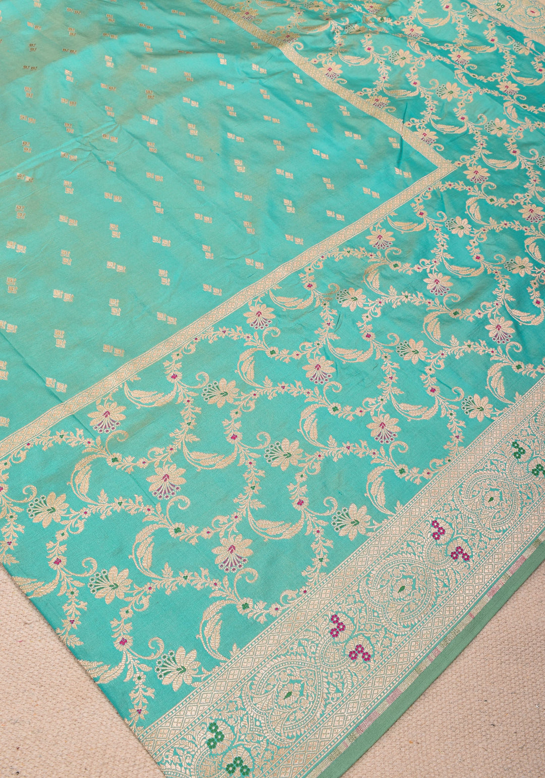 Turquoise Banarasi Katan Silk Saree with Zari Butti with Meenakeri jaal skirt border | SILK MARK CERTIFIED