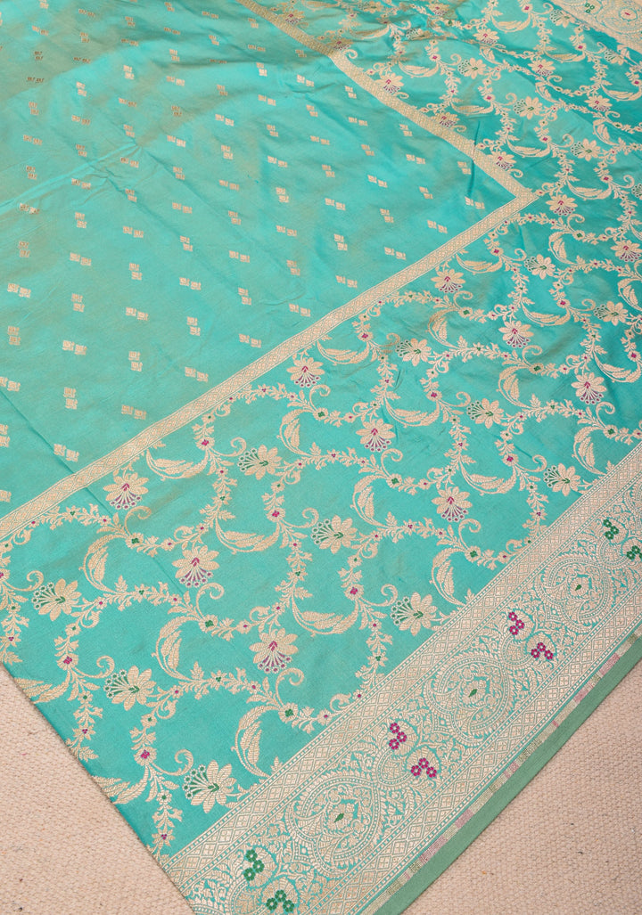 Turquoise Banarasi Katan Silk Saree with Zari Butti with Meenakeri jaal skirt border | SILK MARK CERTIFIED