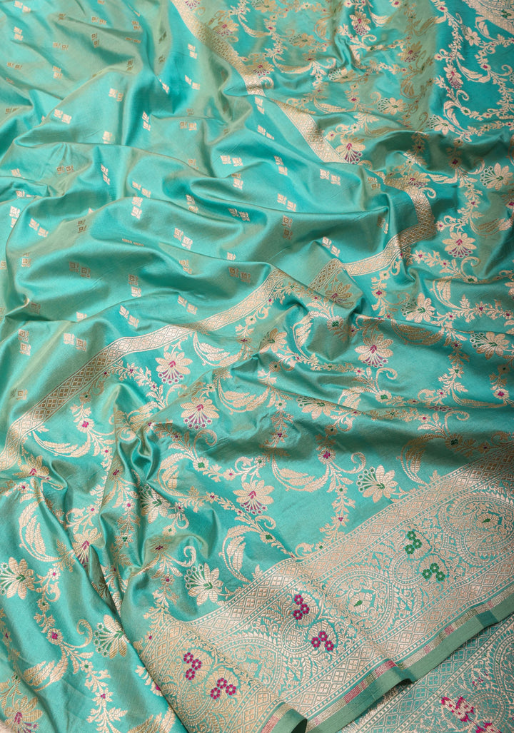 Turquoise Banarasi Katan Silk Saree with Zari Butti with Meenakeri jaal skirt border | SILK MARK CERTIFIED
