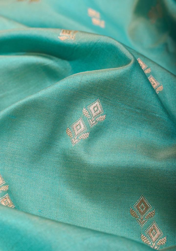 Turquoise Banarasi Katan Silk Saree with Zari Butti with Meenakeri jaal skirt border | SILK MARK CERTIFIED